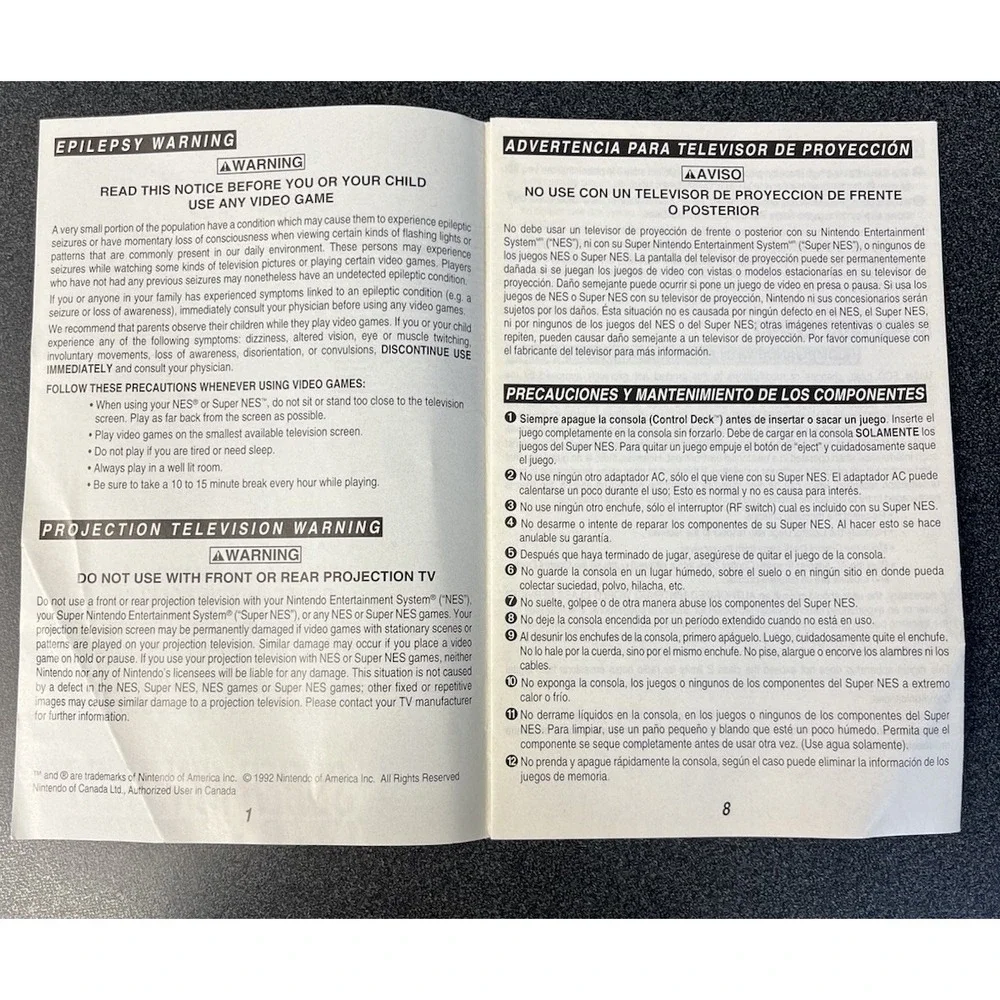 Super Nintendo SNES Consumer Information and Precautions Booklet SNS-USA/CAN-1